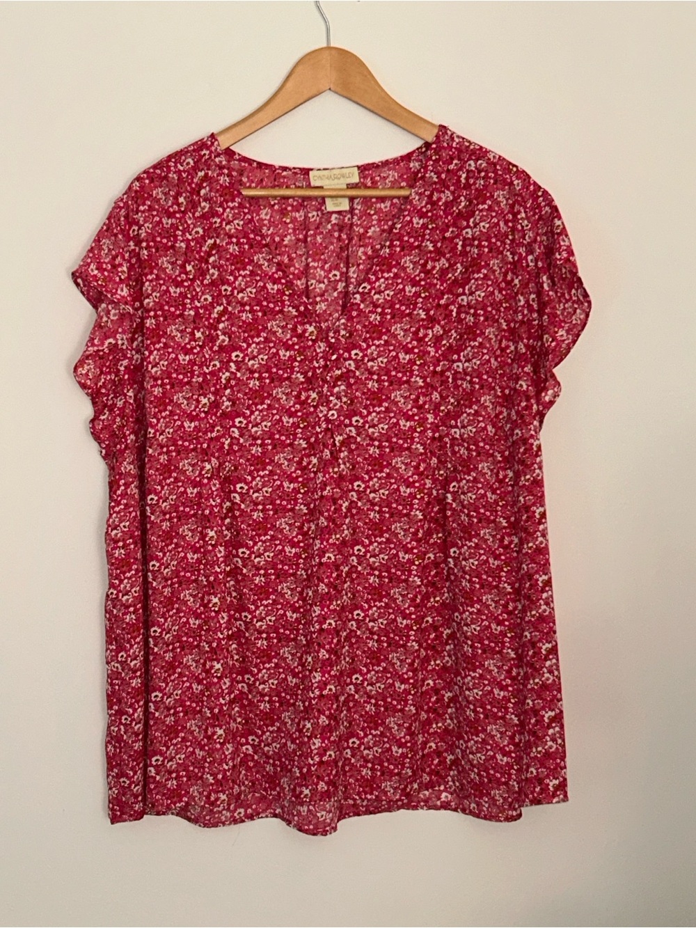 Cynthia Rowley Pink Floral Split V-Neck Cap Sleeve Blouse